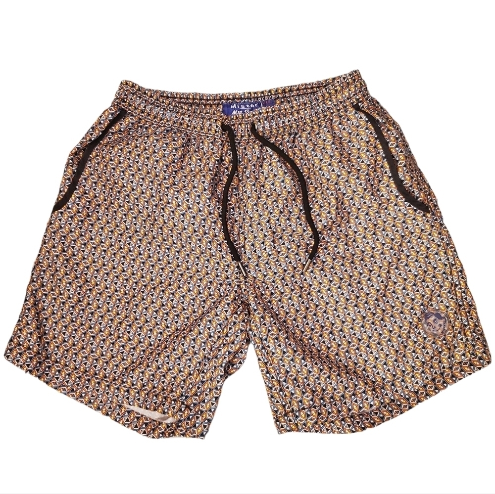 Mister Mr. Swim 6" Orange Yellow Blue White Geometric Swim Trunks Mesh Lining